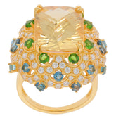 Cushion yellow citrine sterling silver ring with moissanite accents and colorful gemstones, showcasing elegance and luxury.